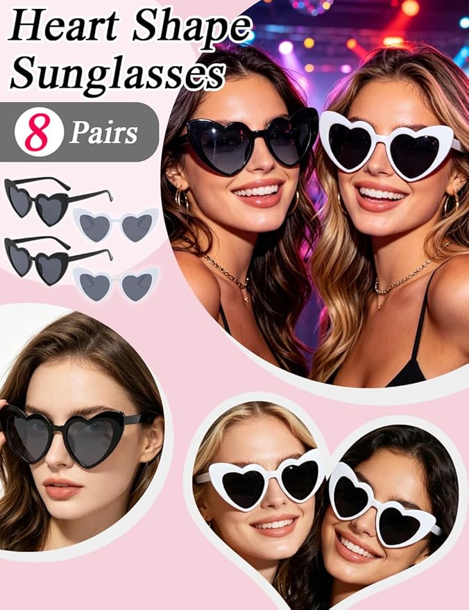 8 Pack Heart Sunglasses Vintage Cat Eye Heart Glasses Retro Bachelorette Bride Sunglasses Bulk for Women