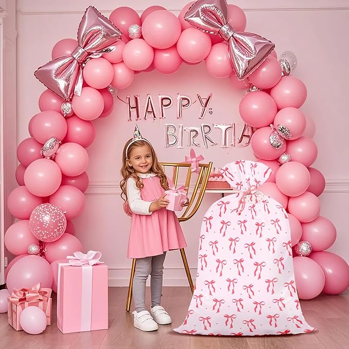 WRAPAHOLIC 56" Large Pink Bow Plastic Gift Bag - Pink Ribbon Bow Jumbo Bike Bag Gift Wrap for Girl Birthday, Baby Shower, Bachelorette Party, Valentine's Day - 56" H x 36" W