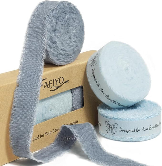 Blue Cotton Ribbon 5/8 Inch Dusty Blue, Baby Blue & Ice Blue 3 Rolls 21 Yards Frayed Edge Fabric Set for Baby Shower, Nursery Decor, Wedding Invitations, Gift Wrapping & DIY Crafts
