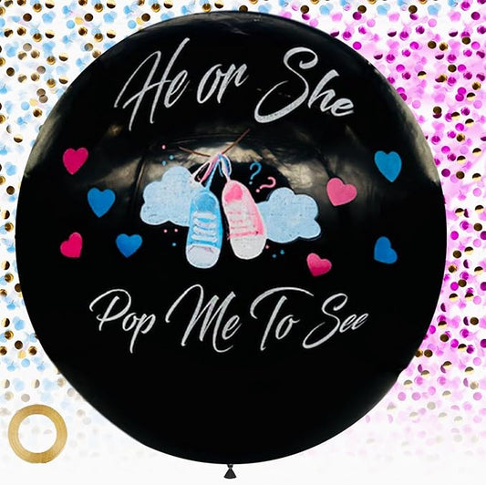 Gender Reveal Confetti Balloon Set, He or She Pop Me to See, 2 Pieces, Pink and Blue Baby Shower Decorations