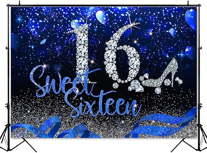 Mocsicka Blue and Silver 16th Birthday Backdrop Early 2000s Blue Heart Glitter Diamonds Background Girls Sweet Sixteen Birthday Party Supplies (10x8ft(120x96 inch))