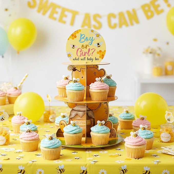 Gender Reveal Cupcake Stand - 3 Tier Boy or Girl Winnie Gender Reveal Party Dessert Holder Winnie Theme Baby Shower Cardboard Cake Stand Party Decorations Winnie Baby Shower Cupcake Display