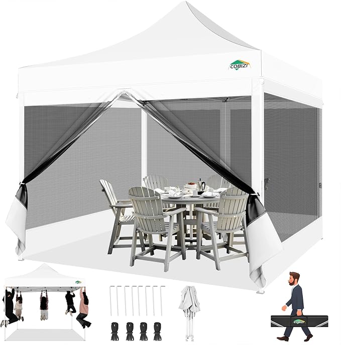 COBIZI 10x10 Pop up Gazebos with 4 Mosquito Netting Sidewalls,Heavy Duty Pop up Canopy Tent for Party,Outdoor Camping,Lawn and Backyard,Easy Set up Screen Tents with Handbag,White