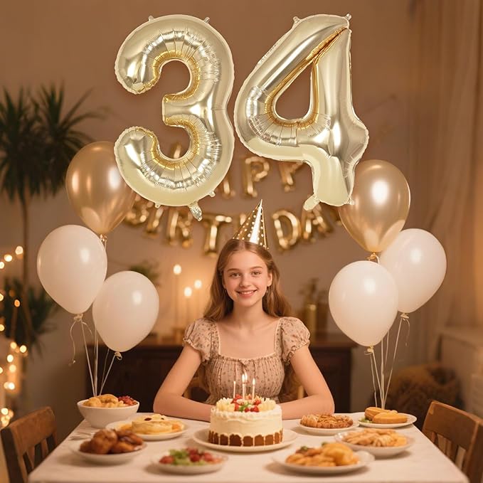 Champagne Large Number 34 Balloon, 40 Inch Light Gold Foil Helium Number Balloons, Giant Mylar Number 34 Balloons for 34 Years Old Birthday Party Anniversary Decorations (Champagne Gold 34)