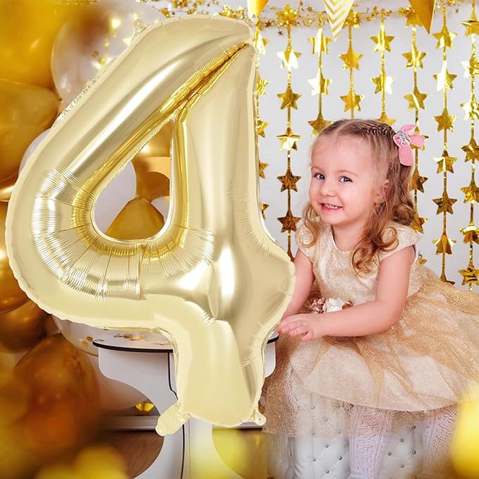 Champagne Gold Large Number 4 Balloon, 40 Inch Light Gold Foil Helium Number Balloons, Giant Mylar Number 4 Balloons for 4 Years Old Birthday Party Anniversary Decorations