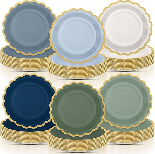 96 Pcs Dusty Blue Sage Green Paper Plates 9 Inch Green Blue Scalloped Paper Disposable Dinner Dessert Plates for Birthday Wedding Bridal Party Supplies, 6 Colors