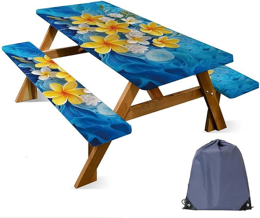 ANNA QUEEN 6FT Yellow Flowers Spring Picnic Table Cover with Bench Covers Picnic Table Cover Set 3PCS 72"x30", Outdoor Bench and Tablecloth Furniture Protection