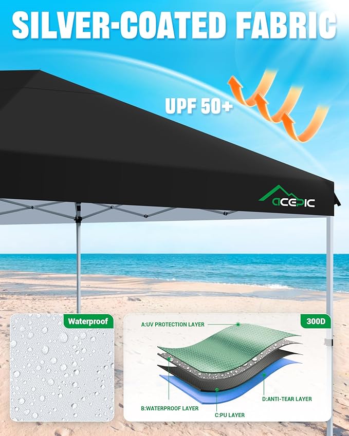 Acepic 10x20 Pop Up Canopy with 6 Removable Sidewalls, 2 Central Lock Easy Set-up Outdoor Party Tent, Commercial Tent, Hand Bag x1, Sandbags x4, Stakes x12, Ropes x6 (Black, 10 * 20)