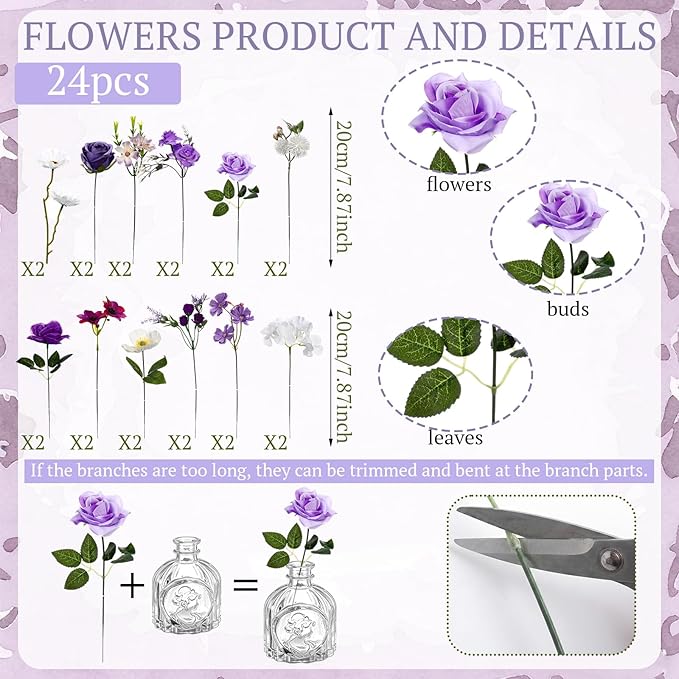 36 Pcs Artificial Flowers Table Centerpiece with Vases Spring Colorful Wildflower Centerpieces Silk Flower Arrangement for Wedding Baby Shower Table Centerpieces Party(Purple Series)