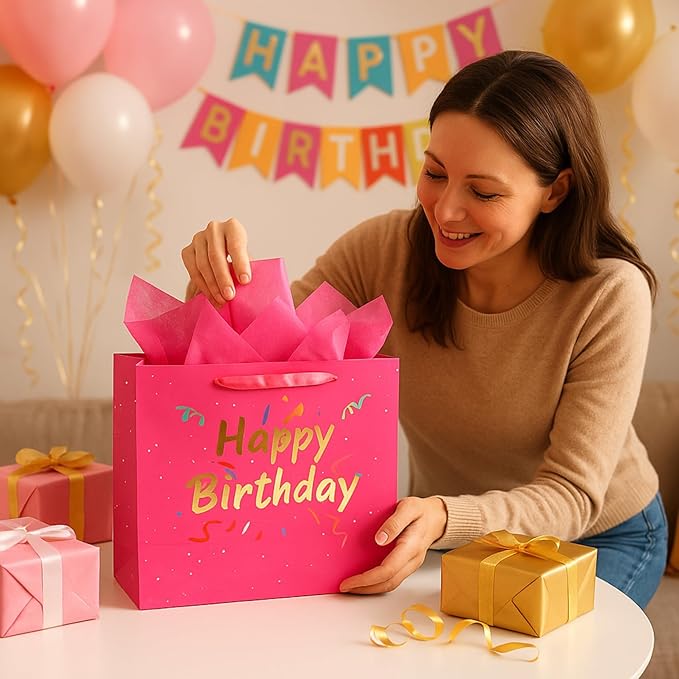 Febbleshow Pink Birthday Gift Bags with Tissue Paper - Matte Finish with Gold Foil Lettering and Confetti Design - Birthday Party Gift Bag for Men Women Kids - 13"x10.3"x4.7" (Pack of 2)