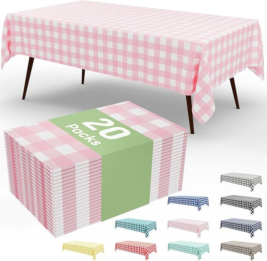 Smiry 20 Pack Pink Gingham Disposable Tablecloths - 54" x 108" Heavy Duty Plastic Table Cloth, Waterproof Buffalo Plaid Table Covers for Picnic, Banquets, Outdoor Parties