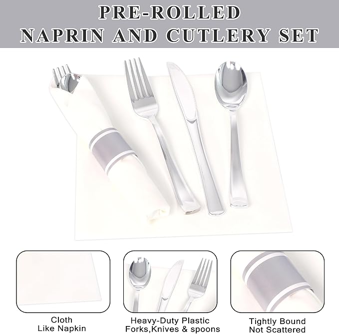 200 Pack Pre Rolled Silver Plastic Silverware Set,Wrapped Plastic Cutlery Set with Napkin Include 200 Forks,200 Spoons,200 Knives and 200 White Napkins for Party,Wedding,Christmas