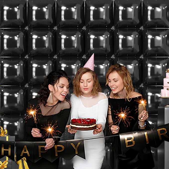 NISOCY 36PCS Black Square Foil Balloons Wall Backdrop Metallic Double Sided Black Balloon Tunnel Arch Kit for New Year Birthday Baby Shower Graduation Party Decorations
