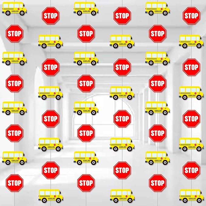School Bus Garlands 6 Pieces Back to School Party Decorations Hanging Banners with Stop Signs Wheels on the Bus Birthday Party Decorations for Classroom Theme Shool Ceiling Decor Supplies
