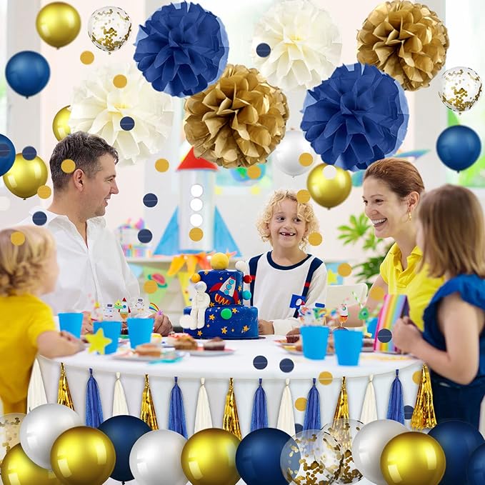 74 Pieces Navy Blue Gold Party Decoration for Graduation Includes Tissue Paper Pom Pom Flower Gold and Navy Balloon Circle Banner Tassel Garland Birthday Bridal Shower Wedding Party