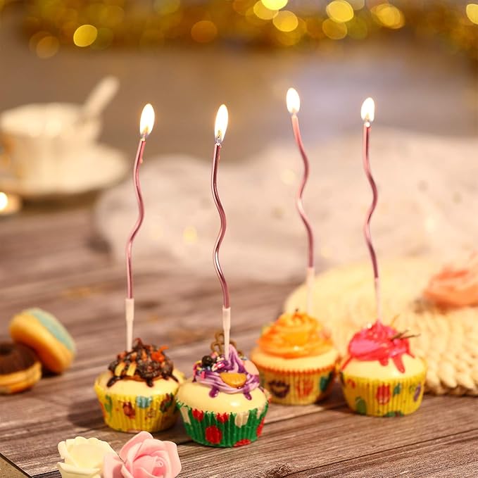 48 Pieces Twisty Birthday Spiral Cake Candles with Holders Long Thin Curly Coil Metallic Cake Cupcake Candles for Birthday Wedding Party Decoration(Metallic Rose Gold)