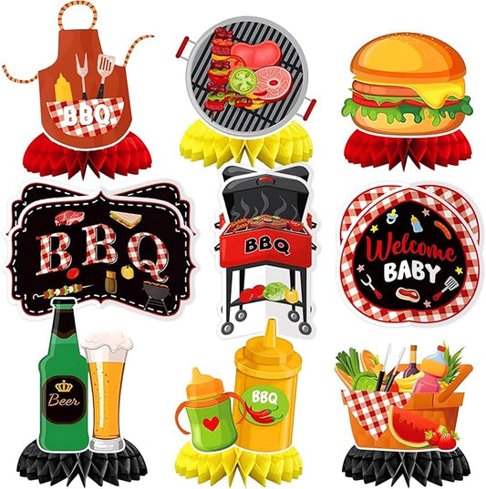 JULMELON 9PCS BBQ Baby Shower Party Decorations Honeycomb Centerpieces, 3D Double Side Summer Picnic Centerpieces for Tables Cookout BBQ Birthday Picnic Themed Party Decorations Supplies