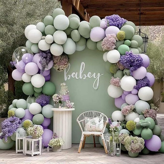 Dusty Green Purple White Balloon Arch Kit Double Stuffed Pastel Purple, Light Sage Green, Lavender Balloon Garland with Clear Bobo for Birthday Baby Shower Wedding Flower Party Decoration