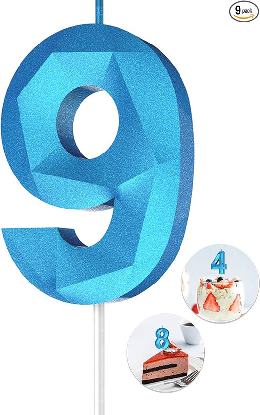 Number Birthday Candles(9 Candle Blue) 3D Diamond Shape Number Happy Birthday Cake Candles for Birthday Party Wedding Decoration Reunions Theme Party