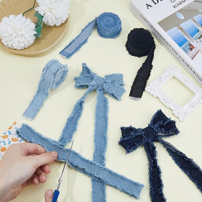 SUPERFINDINGS 5 Rolls Total 10 Yards Fringes Fabric Ribbon 0.98" Width Denim Ribbon Wrapping Frayed Cotton Jean Fabric Ribbon for Gifts Wrapping Hair Sewing Accessories Weddding Decor