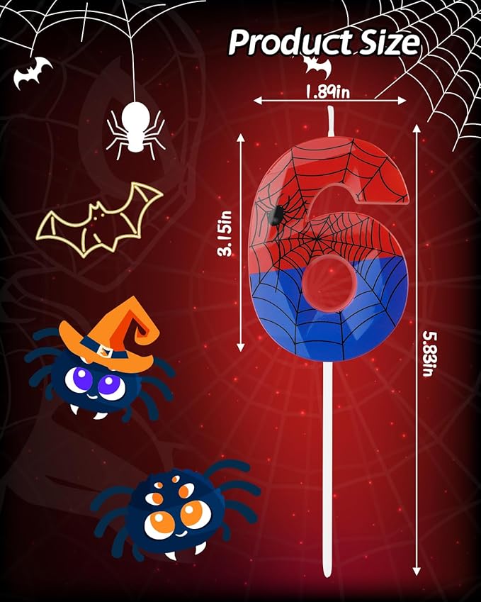 Number 6 Spider Themed Birthday Candle, 2.68 Inch Red Blue Spider Birthday Candles, Number Candles Birthday Cake Toppers Web Candles for Boy Girl Spider Party Decoration Supplies Halloween Party