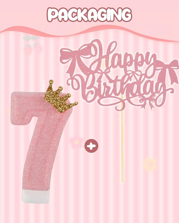 Birthday Candles for Cake, Pink Number Candles, Cake Candles with Cake Topper for Birthday Party Wedding Anniversary Celebrations (7 Candle)