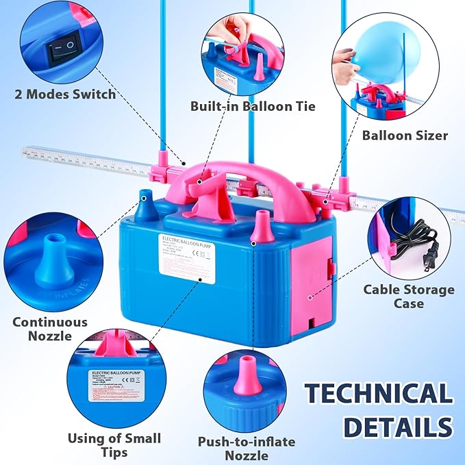 Party Zealot Electric Balloon Inflator Dual Nozzles with Balloon Sizer Air Pump US Standard Plug for Arch, Column Stand, Birthday, Wedding, Christmas, Graduation Party, and Party Decorations
