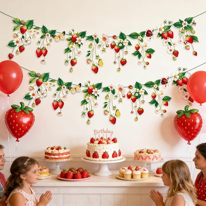 Strawberry Garland Banner Berry First Birthday Decor Strawberry Wildflower for Spring Enchanted Garden Party Strawberry Theme Birthday Decoration for Girl Sweet Baby Shower Spring Garden Tea Party(8.2ft)