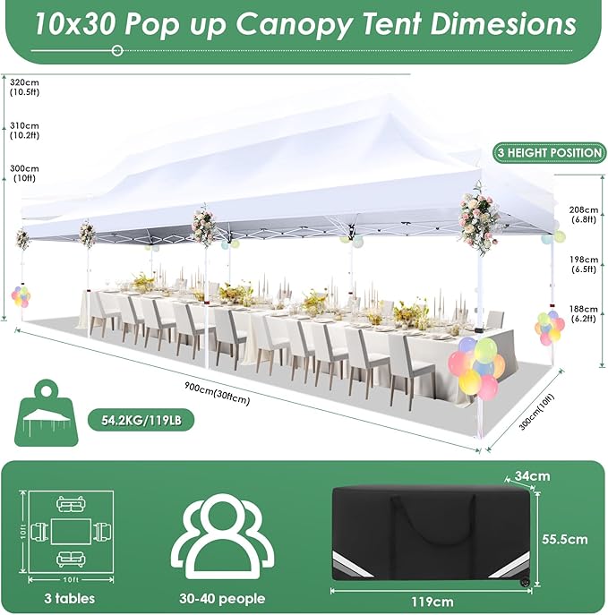 COBIZI Canopy Tent 10x30 Pop Up Canopy with 8 Removable Sidewalls Party Tents for Parties Wedding Patio Commercial Waterproof and UV50+ Ez Outdoor Instant Gazebo with Roller Bag & 4 Sandbags（White）
