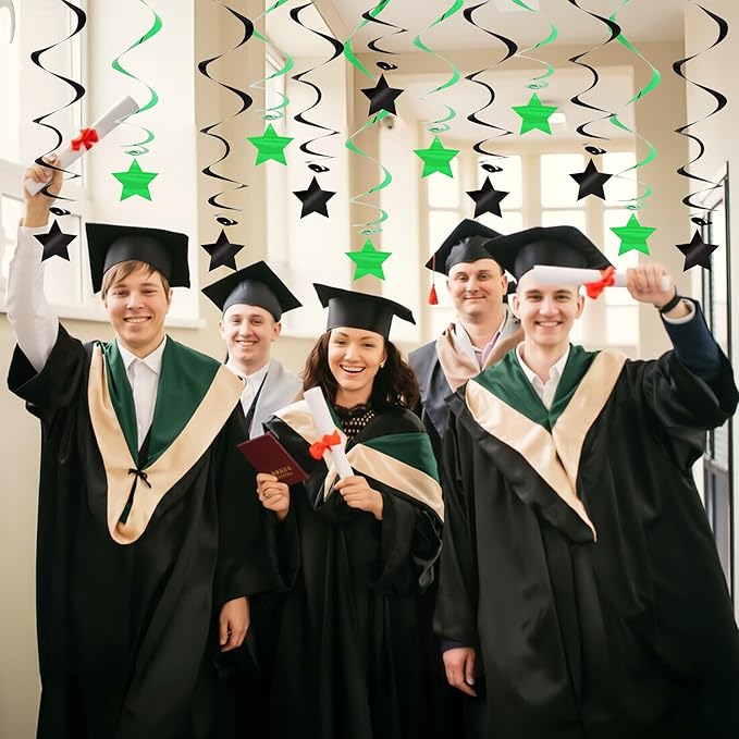 BEISHIDA Green Black Silver Stars Hanging Swirls Graduation Hanging Ornament Decorations for Birthday Party Weeding Congrats Grade 2026 Graduation Decorations,Pack of 15