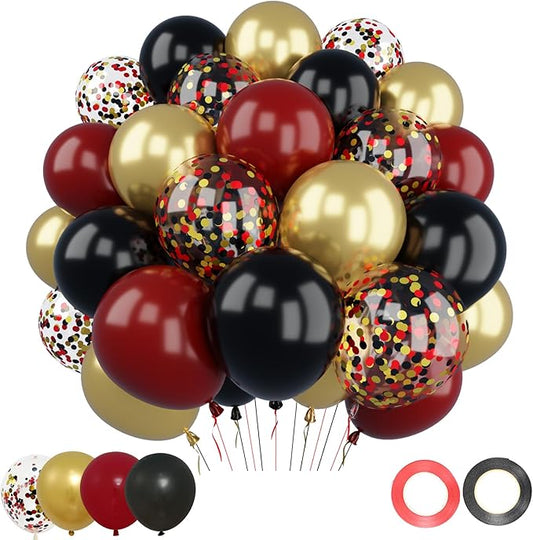 Patimate Burgundy Black Gold Balloons Set, 50Pcs 12 Inch Maroon Black Metallic Gold Latex Balloon Confetti Balloon for Graduation Birthday Baby Shower Wedding Party Decorations