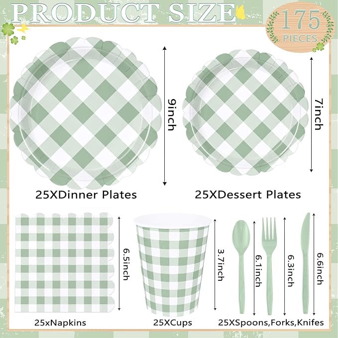 175 Pcs Sage Scalloped Gingham Party Supplies for 25 Guests, Sage and White Checkered Paper Plates, Cups and Napkins Sets for Baby & Bridal Shower, Wedding, Birthday Party, Outdoor Picnic