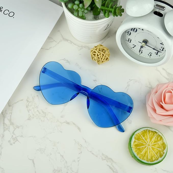 NACHLYNN 12 Pairs Blue Heart Sunglasses for Women Rimless Heart Shaped Sunglasses Candy Color Glasses for Party Favors