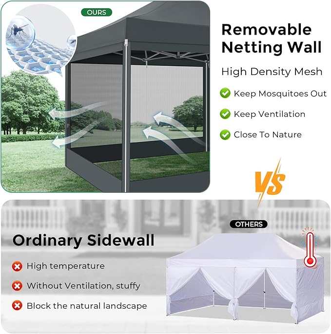 COBIZI 10x30 Heavy Duty Pop Up Canopy with 8 Sidewalls, Easy Set Up Outdoor Waterproof Screen Commercial Party Tent with Mosquito Netting for Parties Backyard Patio, Roller Bag, Gray