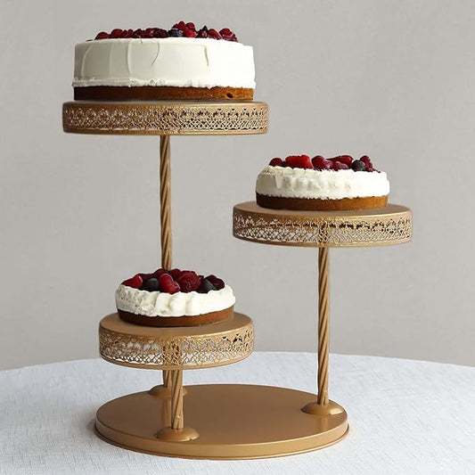 Efavormart 3-Tier Gold Metal Cupcake Tower Dessert Stand, Hollow Lace Design Round Tiered Cake Stand - 21"