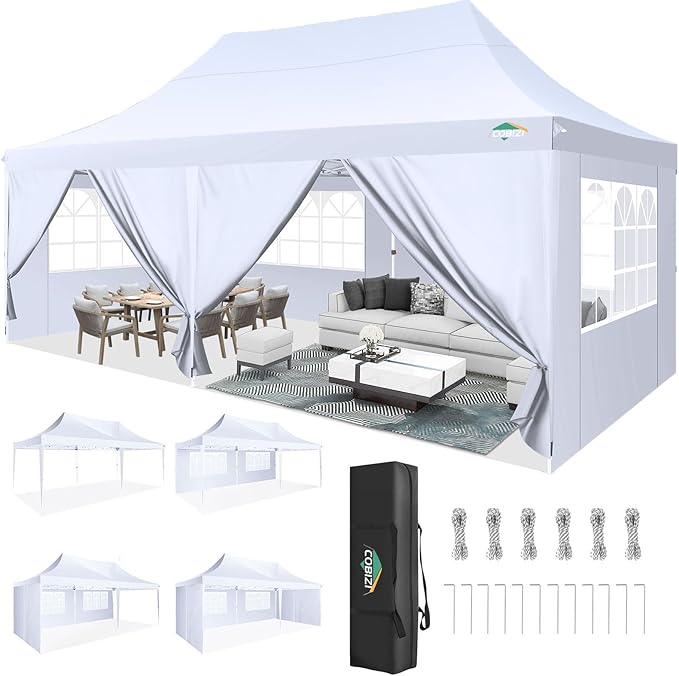 COBIZI 10x20 Pop Up Canopy with 6 Sidewall, Commercial Canopy UPF 50+ Waterproof Outdoor Gazebo with Carry Bag, Tents for Parties with Upgrade Frame, 3 Height Adjustable, Arctic White