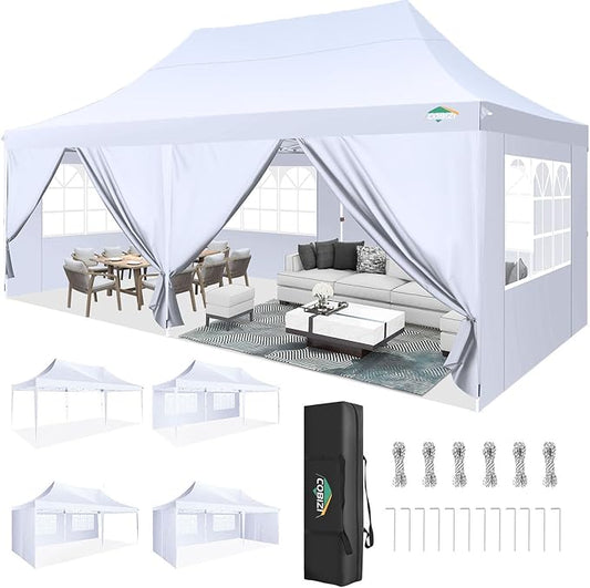 COBIZI 10x20 Pop Up Canopy with 6 Sidewall, Commercial Canopy UPF 50+ Waterproof Outdoor Gazebo with Carry Bag, Tents for Parties with Upgrade Frame, 3 Height Adjustable, Arctic White