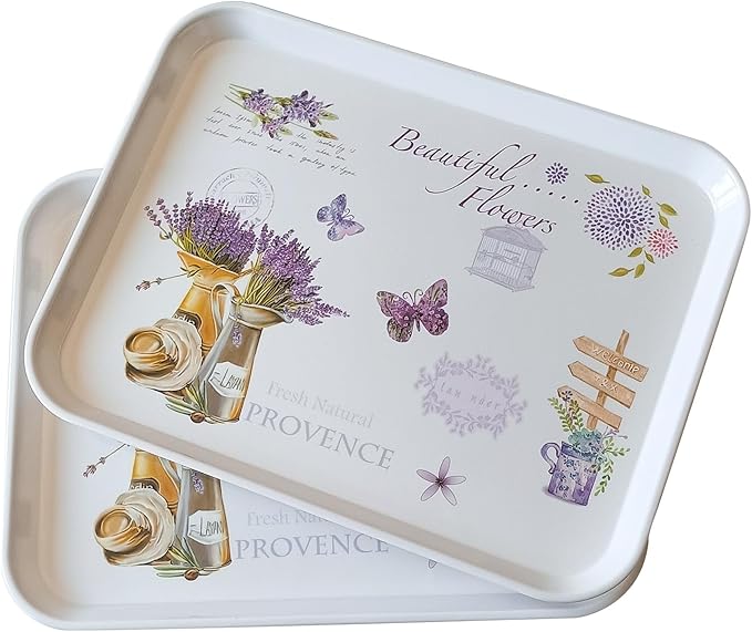 Large Serving Platter Melamine Trays 2 Pack Stackable Food Tray with Floral Print for Gift, Party, Decor, Home, Restaurant (Purple Lavender, Large)