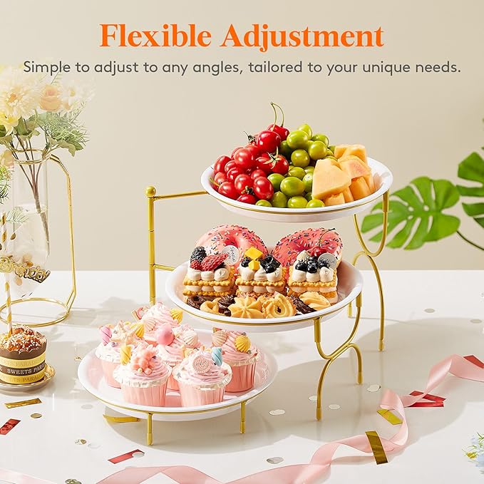 Lifewit Plastic 3 Tier Serving Tray for Party, 25 cm/10" White Reusable Round Serving Platters with Black Collapsible Metal Stand, Decorative Dessert Table Display Set for Veggie, Fruit, Cookies