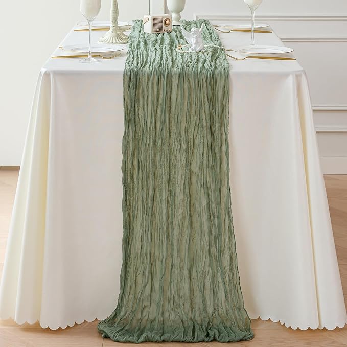 Sioloc Sage Green Cheesecloth Table Runner 120'' x 35'',Spring Easter Decor Soft Gauze Boho Wedding Table Decor for 10ft Table Birthday Party,Baby Shower, Bridal Shower, Home & Event Decor