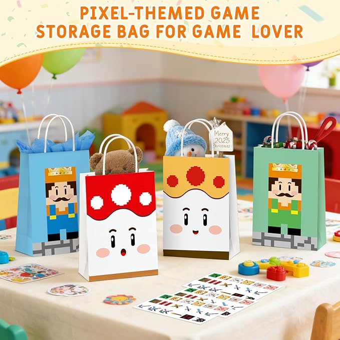 Magpixel Gift Bags with Handle: 16PCS Video Game Party Favor Bags, 54PCS Pixel Temporary Tattoos, Cartoon Paper Goodie Bags for Kids Birthday Christmas Holiday Decoration Classroom Treats