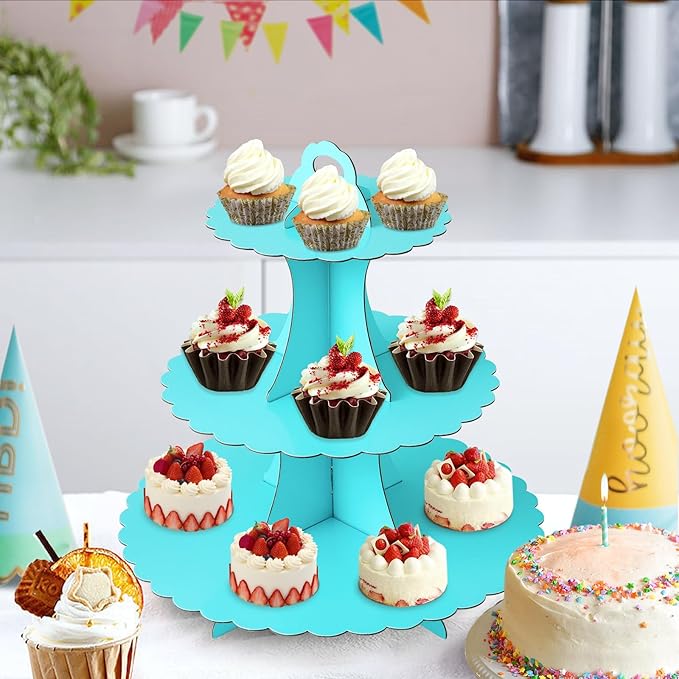 Soleebee 3-Tier Cupcake Stand, Cardboard Cupcake Tower, Dessert Cup Cake Stand Tower for Birthday Wedding Party Decoration, Cupcake Tier Stand 1 Set (Blue)