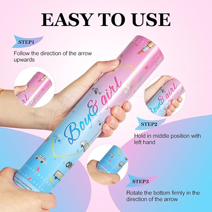 Gender Reveal Confetti Cannon,2 Blue 2 Pink Safty Corn Powder Smoke Party Poppers Shoots 20-25ft,12 inch Upgrade Firmware Baby Shower Gender Reveal Party Supplies