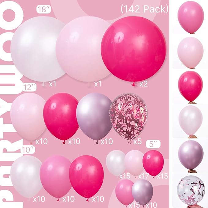 PartyWoo Hot Pink Balloon Arch Kit Garland 142pcs Different Sizes of 18 12 10 5 Inch Magenta Fuchsia Light Baby Pastel Pale Pearl Metallic Pink Balloons for Baby Shower Birthday Party Decorations