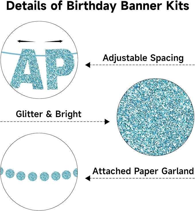 GCQQ Blue Happy Birthday Banner - 3M Glitter Light Blue Pre-Strung Banners and 2.5M Circle Dots Garland No DIY Birthday Party Decorations for Boys Girls Baby Shower Kids & Adults Birthday Backdrop