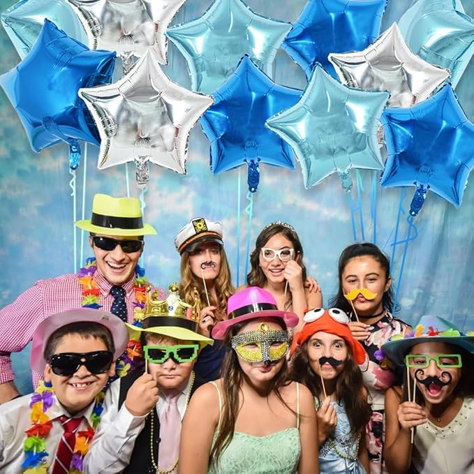 TONIFUL 30Pcs 18 Inch Large Blue Silver Star Shape Foil Balloons Big Stars Helium Mylar Ballons for Birthday Wedding Baby Shower Anniversary Engagement Party Decorations Supplies