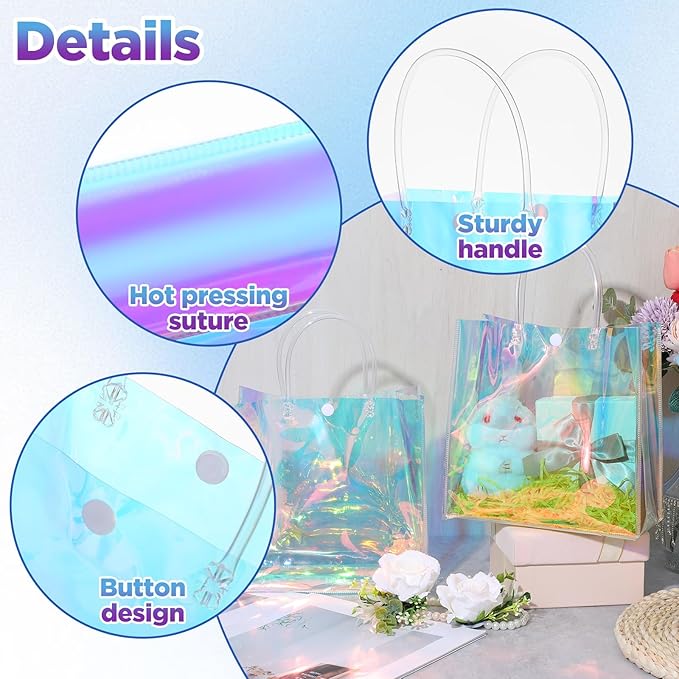 16 Pcs Holographic Bags, Party Favor Bags Clear Reusable Birthday Gift Bag with Handle-PVC Plastic Goodie Handbag for Women Girls Iridescent Bachelorette Wedding Christmas(7.87" x 7.87" x 3.94")