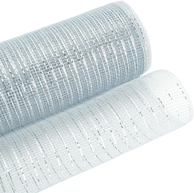 3 Rolls Silver Deco Mesh Ribbon for Wreath Making Supplies, 10 Inch x 30FT Metallic Foil Burlap Deco Mesh Fabric for Summer Christmas Halloween New Year Wreath Swags and Decorating