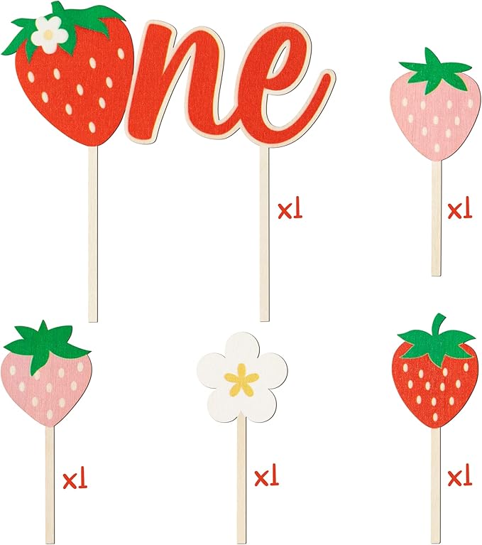 first Birthday Cupcake Topper - 5 Pcs Cute Daisy Strawberry Shortcake Wooden ONE Cake Topper Kids' One Year Old Berry first Happy Birthday Party Cake Dessert Decorations Supplies Baby Shower