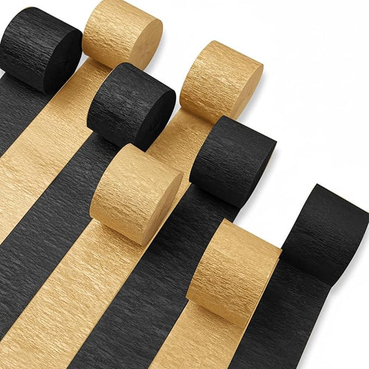 PartyWoo Black and Gold Crepe Paper Streamers 8pcs 656ft Pack of Metallic Gold Black Crepe Paper Streamers for Graduation Retirement Engagement Wedding New Year Anniversary Birthday Party Decorations